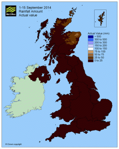 Map showing actual rainfall across the UK from 1-15 September. All parts of the UK have been drier than average.