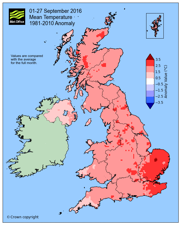 MET OFFICE: SEPTEMBER 2016 WILL BE 2ND OR 3RD WARMEST ON RECORD FOR UK