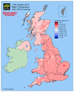Map showing the UK mean temperature for 1-28 Oct compared to the long-term (1981-2010) average.