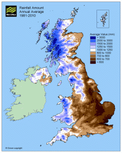 Map shows the 1981-2010 average annual UK rainfall based on individual station data - but it doesn't highlight individual towns and cities.
