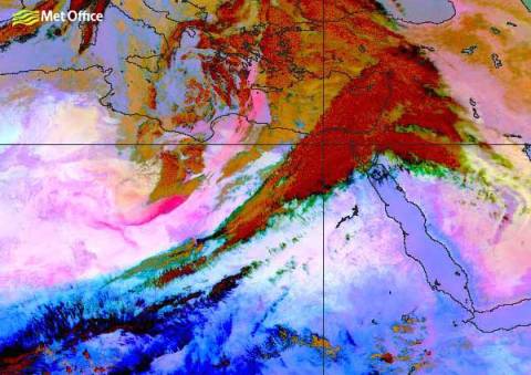 The deep pink area in this satellite picture is the dust, and the line of dust stretches right up towards Greece.  