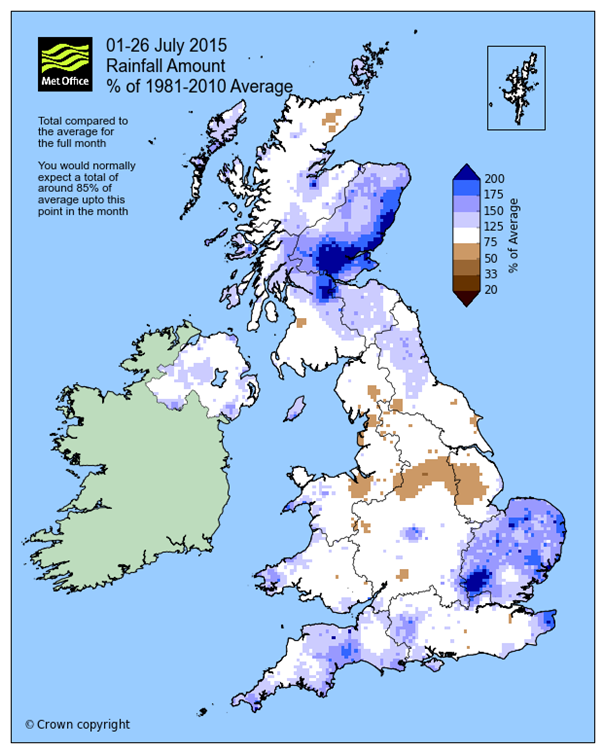 Map showing 1-26 July 2015 rainfall compared to the 1981-2010 average. Most places have received their full-month average (shown in white), while the darker blue areas have seen significantly more than average already.