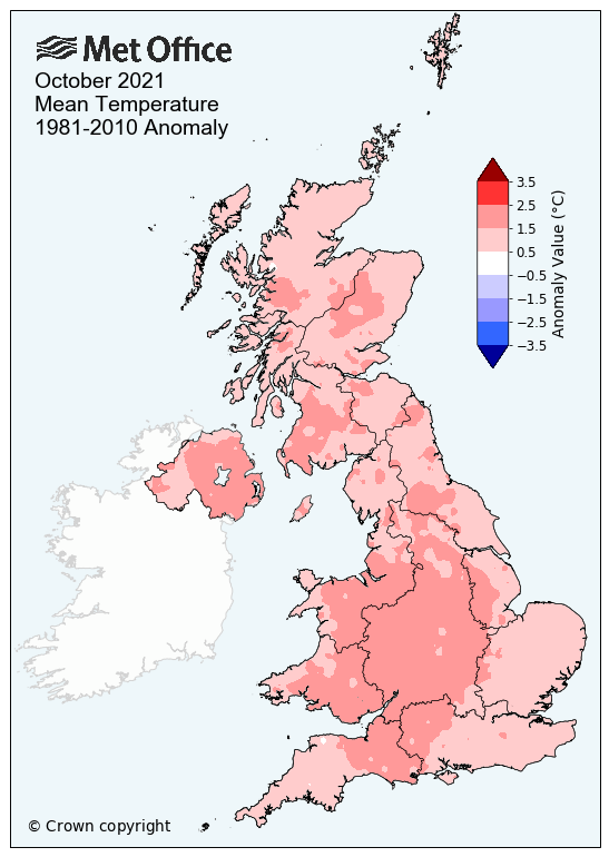 Map of the UK showing average mean temperatures for October 2021 versus the long term average. The map shows above average mean temperatures across the vast majority of the UK. 