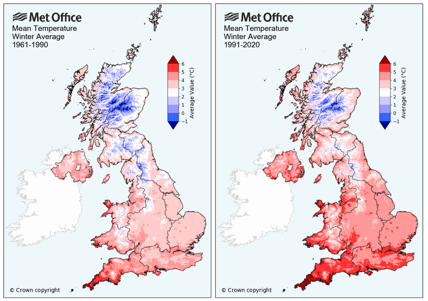 Change in average winter temperature in the UK