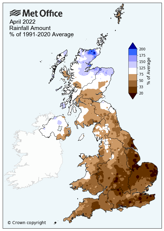 Map showing the amount of rainfall in the UK during April 2022 versus the long term average. The maps shows a predominantly dry UK, especially in the south. 