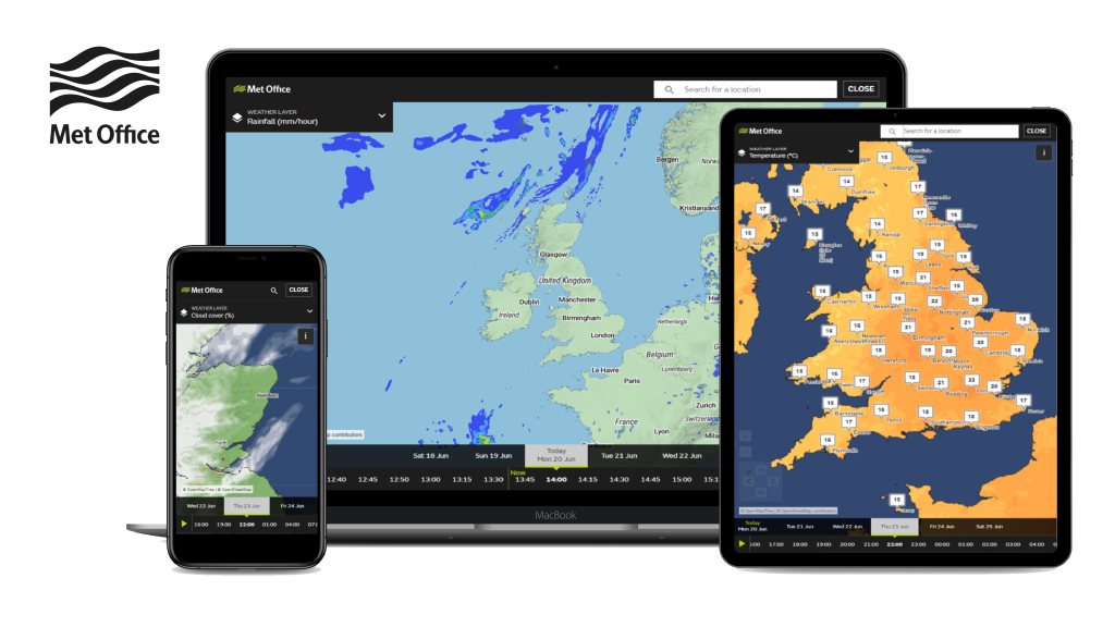Gambar memperlihatkan peta dan grafik yang diperbarui di aplikasi dan situs web Met Office. 