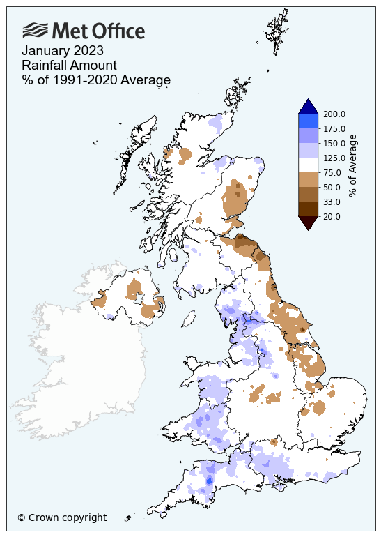 Peta Inggris menunjukkan jumlah curah hujan pada Januari 2023 dibandingkan dengan rata-rata.  Peta menunjukkan curah hujan hampir rata-rata untuk sebagian besar Inggris, meskipun wilayah barat sedikit lebih basah dari rata-rata dan pantai Laut Utara sedikit lebih kering dari rata-rata. 