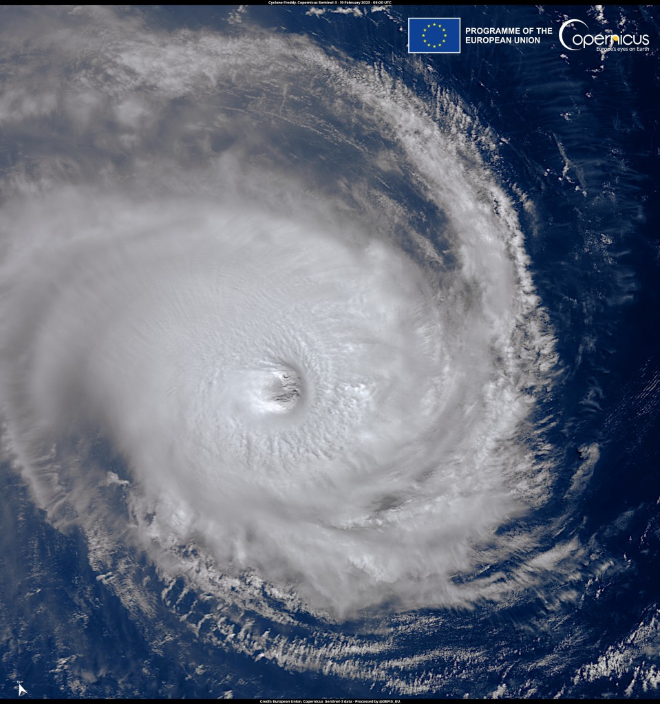 Satellite image of Tropical Cyclone Freddy over the Indian Ocean.