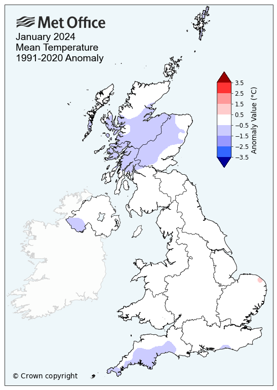 The image shows a map of the UK's January 2024 mean temperature, compared to a 30-year average (1991-2020). It shows that the majority of the country experienced average temperatures across the month, but a large part of Scotland, plus small parts of southwest England and Northern Ireland, also experienced an average temperature lower than the 30 year average.  