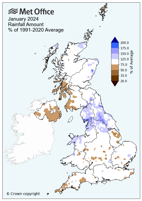 The image shows a map of the UK's January 2024 mean rainfall, compared to a 30-year average (1991-2020). It shows that the majority of the country experienced average rainfall across the month, but some areas of Wales, Scotland and the north of England, experienced more than the average amount of rainfall for the year. 
