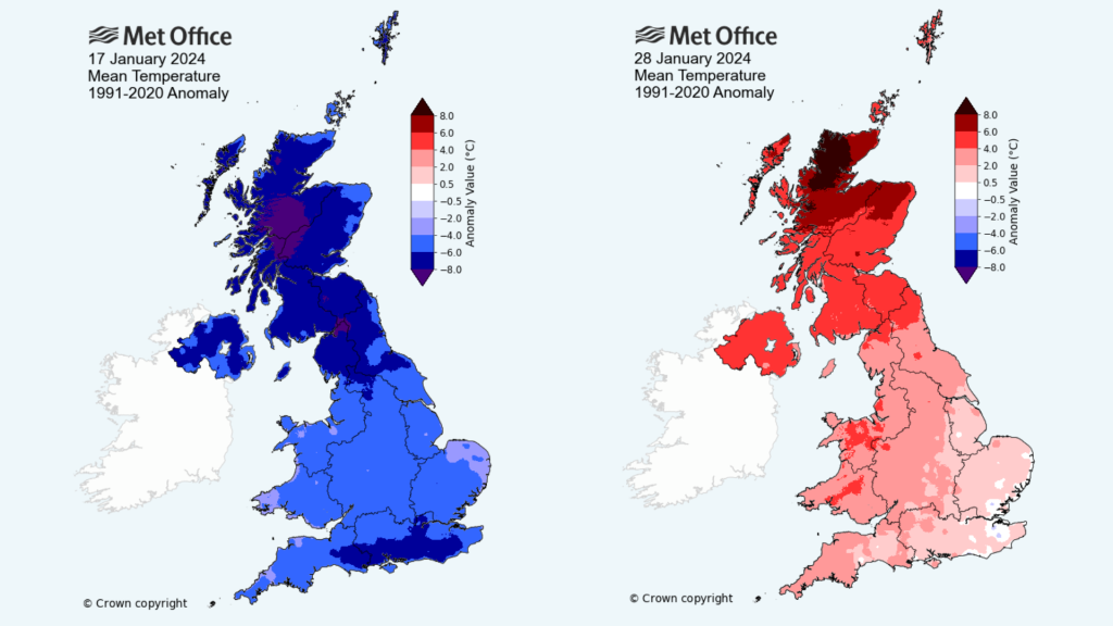 The image shows two maps illustrating contrasting temperature anomalies seen in the UK in January 2024 compared to a 30-year average (1991-2020). The map on the left is all blue and the map on the right is almost all red. The left map was from 17 January, where the mean temperatures are very low because of a cold pool of air. The map on the right is from 28 January, where a warm southerly flow coupled with the Foehn effect in parts of Scotland brought very warm temperatures for this time of year.