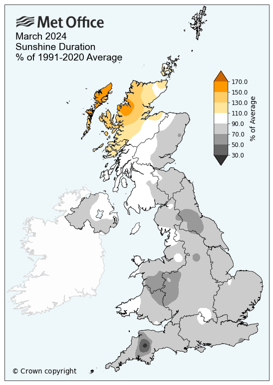 A map of the UK showing average sunshine hours for March 2024. It shows it was very dull throughout the county, with Northern Scotland seeing the most sunshine. 